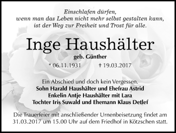 Traueranzeige von Inge Haushälter von Mitteldeutsche Zeitung Merseburg/Querfurt
