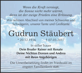 Traueranzeige von Gudrun Stäubert von WVG - Wochenspiegel Bitterfeld