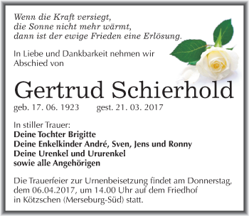 Traueranzeige von Gertrud Schierhold von Mitteldeutsche Zeitung Merseburg/Querfurt