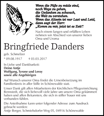 Traueranzeige von Bringfriede Danders von Super Sonntag SGH Mansf. Land