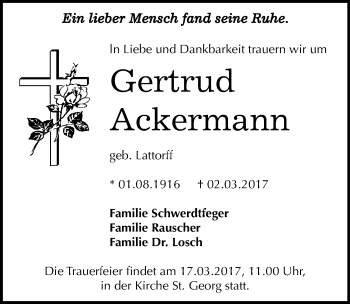 Traueranzeige von Gertrud Ackermann von Mitteldeutsche Zeitung Dessau-Roßlau