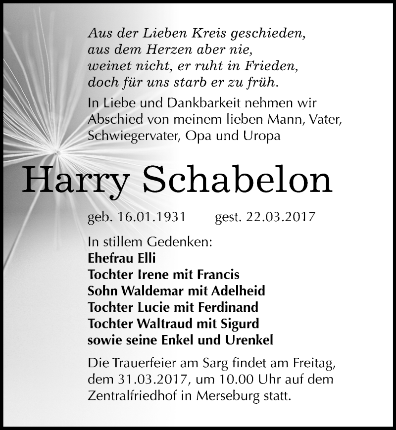  Traueranzeige für Harry Schabelon vom 25.03.2017 aus Mitteldeutsche Zeitung Merseburg/Querfurt