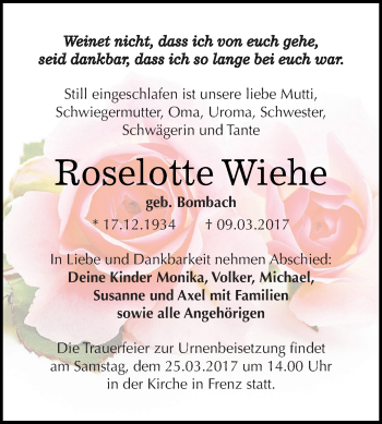 Traueranzeige von Roselotte Wiehe von WVG - Wochenspiegel Dessau / Köthen