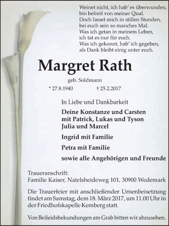 Traueranzeige von Margret Rath von Super Sonntag Wittenberg