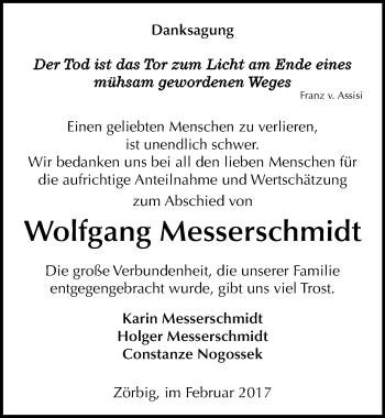 Traueranzeige von Wolfgang Messerschmidt von Mitteldeutsche Zeitung Bitterfeld