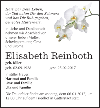 Traueranzeige von Elisabeth Reinboth von Mitteldeutsche Zeitung Merseburg/Querfurt