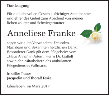 Traueranzeige von Anneliese Franke von Mitteldeutsche Zeitung Sangerhausen
