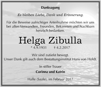 Traueranzeige von Helga Zibulla von Mitteldeutsche Zeitung Halle/Saalkreis