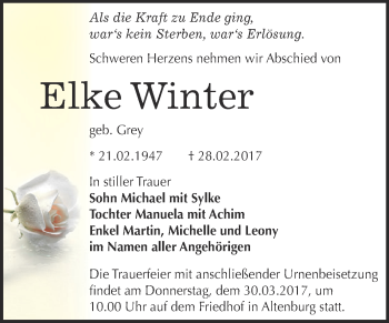 Traueranzeige von Elke Winter von Super Sonntag Bernburg