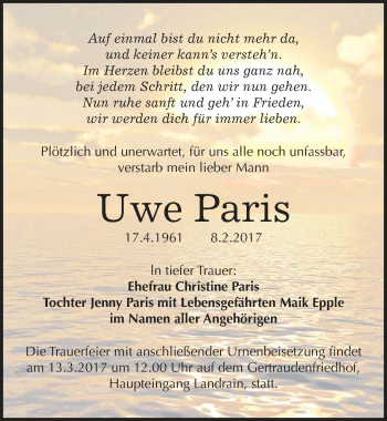 Traueranzeige von Uwe Paris von Mitteldeutsche Zeitung Halle/Saalkreis
