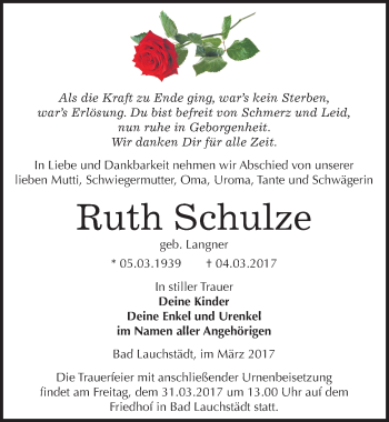 Traueranzeige von Ruth Schulze von Mitteldeutsche Zeitung Merseburg/Querfurt