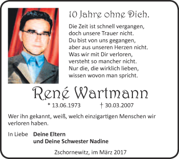 Traueranzeige von René Wartmann von Super Sonntag Wittenberg
