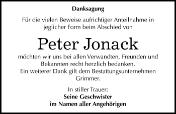 Traueranzeige von Peter Jonack von Mitteldeutsche Zeitung Mansfelder Land