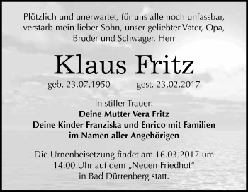 Traueranzeige von Klaus Fritz von Super Sonntag Halle