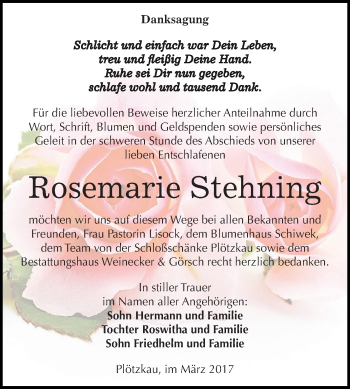 Traueranzeige von Rosemarie Stehning von Super Sonntag Bernburg