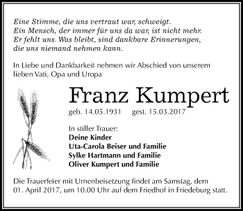 Traueranzeige von Franz Kumpert von Mitteldeutsche Zeitung Halle/Saalkreis