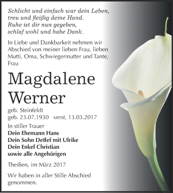 Traueranzeige von Magdalene Werner von Super Sonntag Zeitz