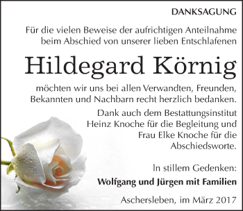 Traueranzeige von Hildegard Körnig von Mitteldeutsche Zeitung Aschersleben