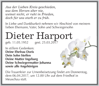 Traueranzeige von Dieter Harport von Mitteldeutsche Zeitung Merseburg/Querfurt