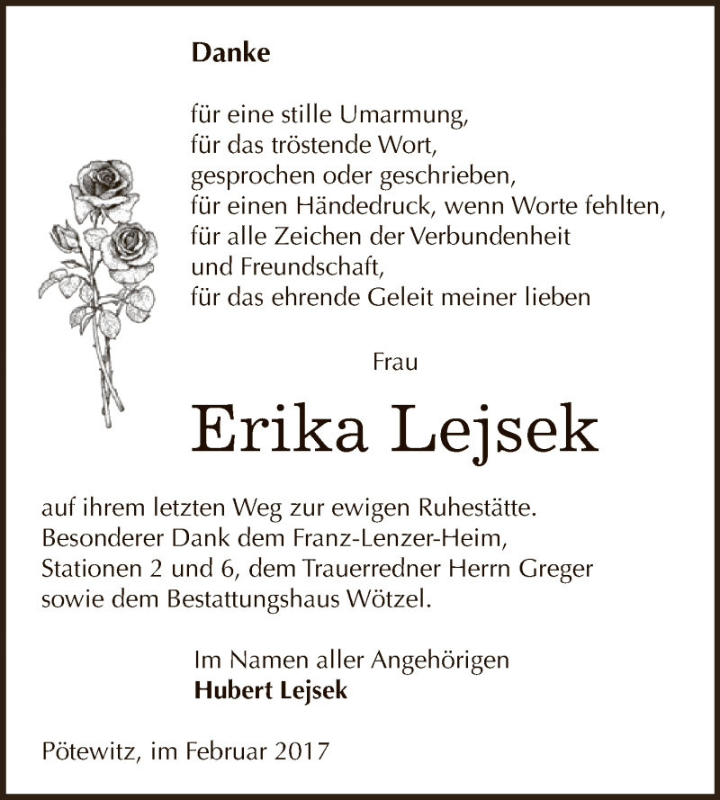  Traueranzeige für Erika Lejsek vom 04.03.2017 aus Super Sonntag Zeitz