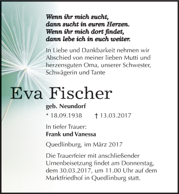 Traueranzeige von Eva Fischer von Mitteldeutsche Zeitung Quedlinburg