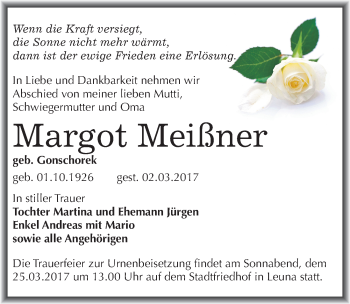 Traueranzeige von Margot Meißner von Mitteldeutsche Zeitung Merseburg/Querfurt