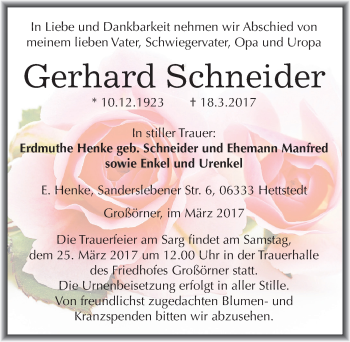 Traueranzeige von Gerhard Schneider von Mitteldeutsche Zeitung Mansfelder Land