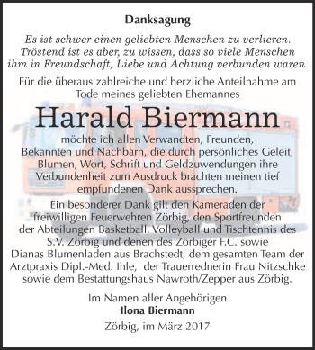 Traueranzeige von Harald Biermann von WVG - Wochenspiegel Bitterfeld