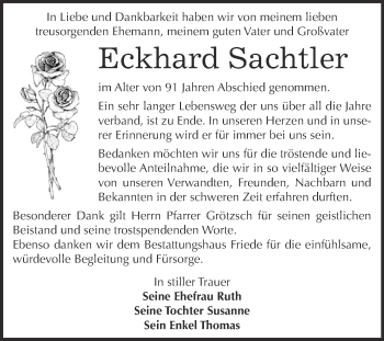 Traueranzeige von Eckhard Sachtler von WVG - Wochenspiegel Dessau / Köthen