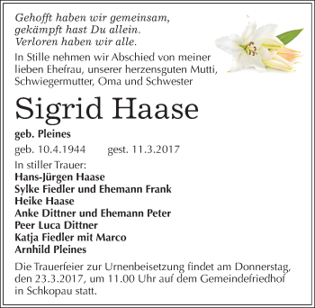 Traueranzeige von Sigrid Haase von Mitteldeutsche Zeitung Merseburg/Querfurt