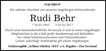 Traueranzeige von Rudi Behr von Mitteldeutsche Zeitung Bitterfeld