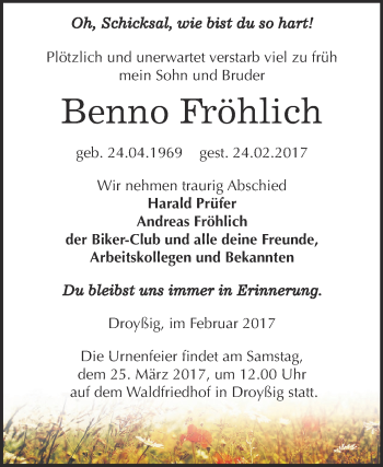 Traueranzeige von Benno Fröhlich von Super Sonntag Zeitz