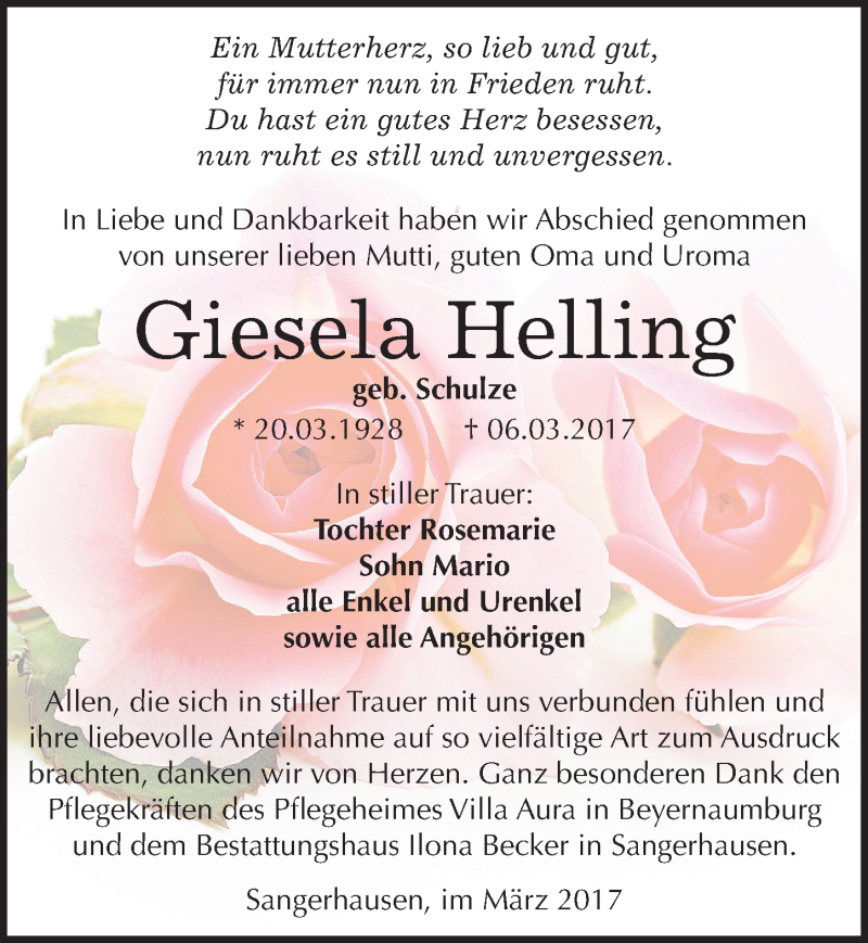  Traueranzeige für Giesela Helling vom 24.03.2017 aus Mitteldeutsche Zeitung Sangerhausen