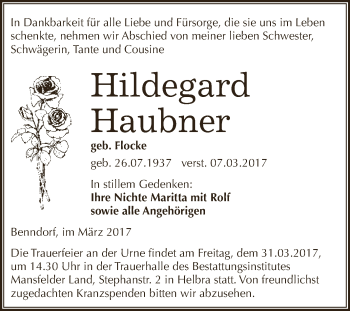 Traueranzeige von Hildegard Haubner von Super Sonntag SGH Mansf. Land