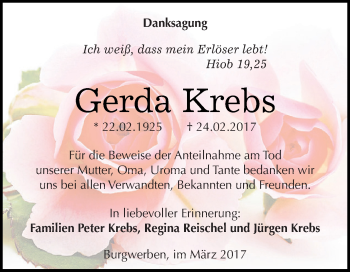 Traueranzeige von Gerda Krebs von WVG - Wochenspiegel NMB / WSF / ZTZ