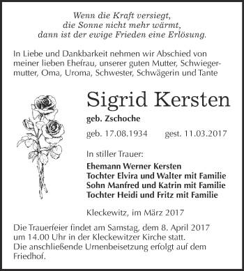 Traueranzeige von Sigrid Kersten von WVG - Wochenspiegel Bitterfeld