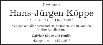 Traueranzeige von Hans-Jürgen Köppe von Super Sonntag Quedlinburg