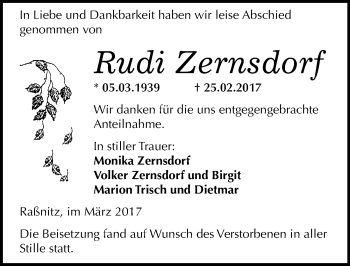 Traueranzeige von Rudi Zernsdorf von Mitteldeutsche Zeitung Merseburg/Querfurt