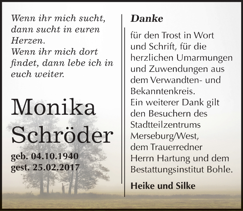  Traueranzeige für Monika Schröder vom 18.03.2017 aus Mitteldeutsche Zeitung Merseburg/Querfurt