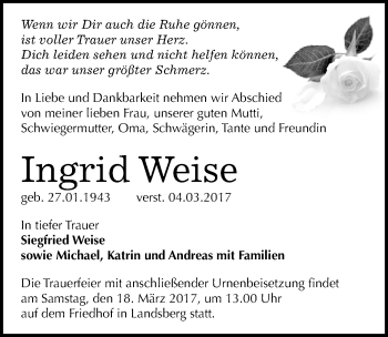 Traueranzeige von Ingrid Weise von Mitteldeutsche Zeitung Halle/Saalkreis