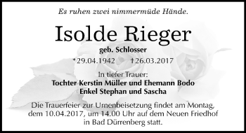 Traueranzeige von Isolde Rieger von Mitteldeutsche Zeitung Merseburg/Querfurt