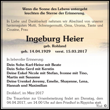 Traueranzeige von Ingeburg Heier von Super Sonntag Zeitz
