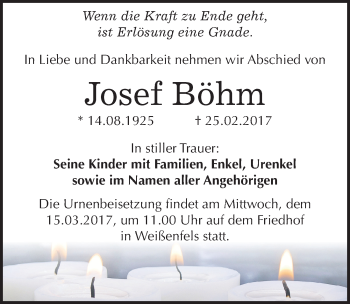 Traueranzeige von Josef Böhm von Mitteldeutsche Zeitung Weißenfels