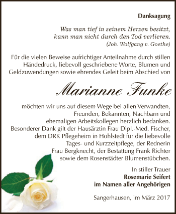 Traueranzeige von Marianne Funke von Super Sonntag SGH Mansf. Land