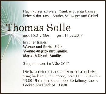 Traueranzeige von Thomas Solle von Super Sonntag SGH Mansf. Land