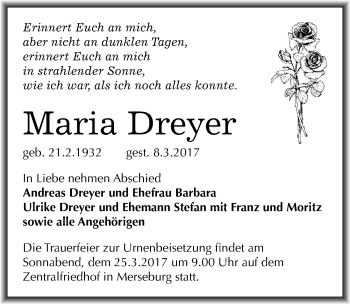 Traueranzeige von Maria Dreyer von Mitteldeutsche Zeitung Merseburg/Querfurt