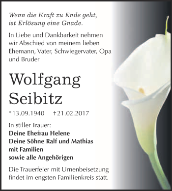 Traueranzeige von Wolfgang Seibitz von WVG - Wochenspiegel Bitterfeld