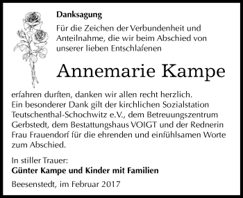 Traueranzeige von Annemarie Kampe von Mitteldeutsche Zeitung Mansfelder Land