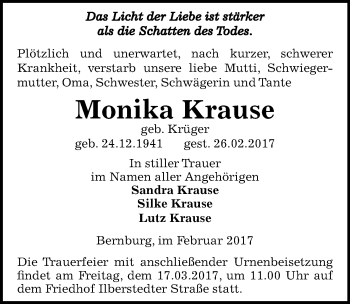 Traueranzeige von Monika Krause von Mitteldeutsche Zeitung Bernburg