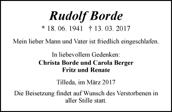 Traueranzeige von Rudolf Borde von Mitteldeutsche Zeitung Sangerhausen